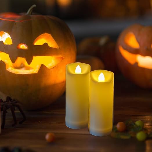 iZAN 2 Pack Flameless Battery Operated LED Pillar Candles with Remote Outdoor Waterproof Flickering Decorative Lights for Halloween Christmas Home Kitchen Décor Wedding Party Event Decorations 2”x5”