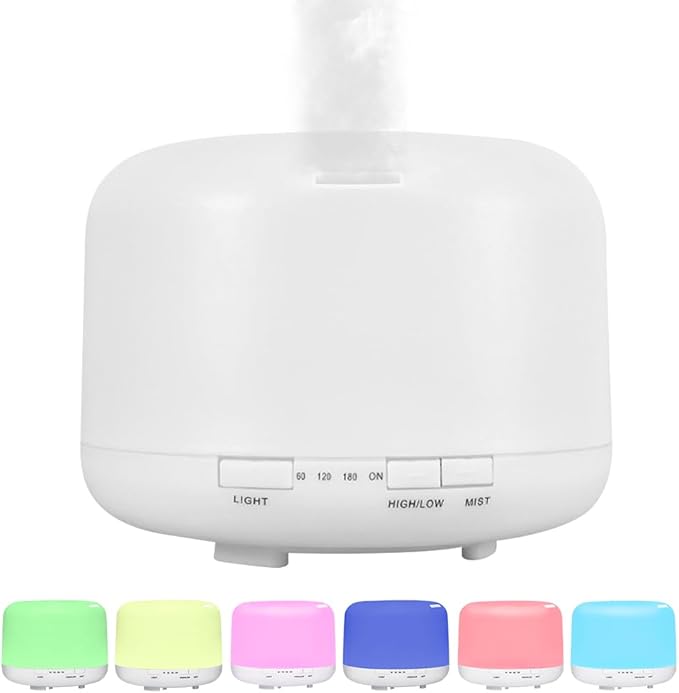500ml Premium Essential Oil Diffuser,Quiet 4-in-1 Ultrasonic Aromatherapy Humidifier,7 Color LED Lights,with Adjustable Automatic Timer Off Function and Spray Mode. (White,Classic Model)