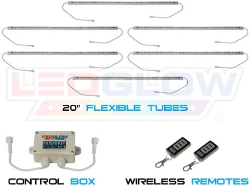 LEDGlow 6pc Million Color LED Boat Marine Deck & Cabin Accent Lighting Kit - 20" Waterproof Flexible Light Strips - Screw Cap Connectors with O-Rings - Includes Control Box & Wireless Remote