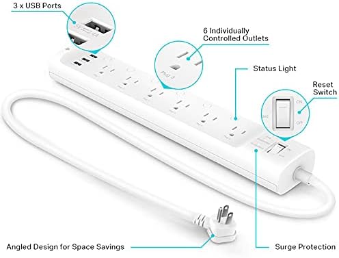 Kasa Smart Plug Power Strip HS300, Surge Protector with 6 Individually Controlled Smart Outlets and 3 USB Ports, Works with Alexa & Google Home, No Hub Required