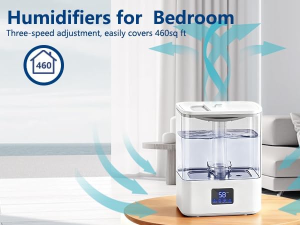 KZF 4L Top Fill Humidifiers for Bedroom & 60H Runtime - Cool Mist Humidifier, 3 Mist Levels, 8H Timer, Essential Oil Tray, Humidity Display, Quiet for Bedroom, Baby, Plants, Large Room (White, 4L)