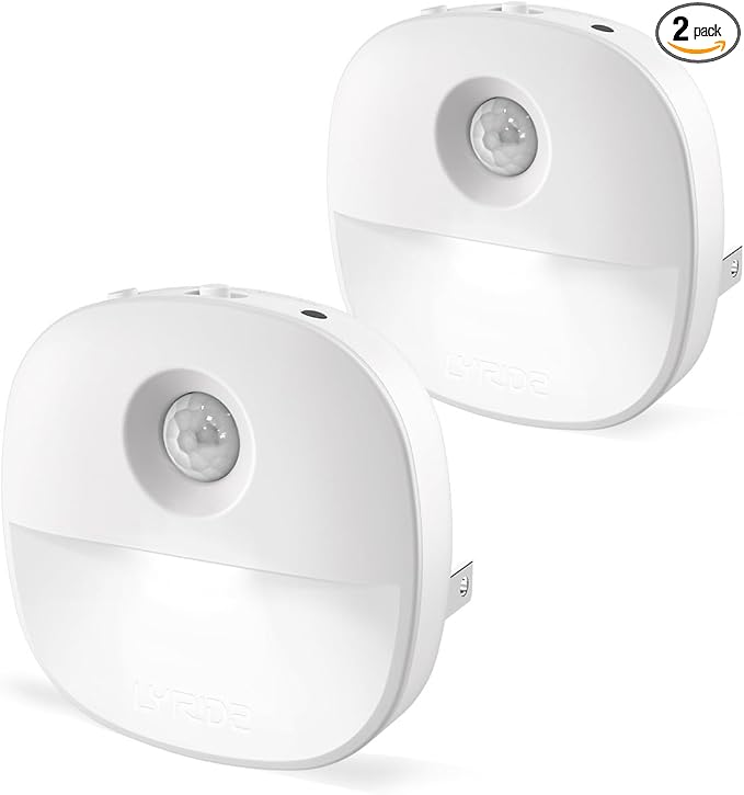 Lyridz Plug in Night Light with Motion Sensor and Dusk to Dawn Sensor, Dimmable Cool White Nightlight with 1-50lm Adjustable Brightness for Bedroom, Bathroom, Stairs, Hallway, 2 Pack