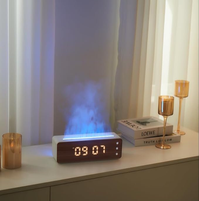 Flame Diffuser Humidifier, 700ml Large Fire Diffuser Humidifier for Desk, Full-Color Adjustable, Time & Humidness Display, 26dB Quiet, Cool Mist Diffuser, Essential Oil Diffuser for Bedroom