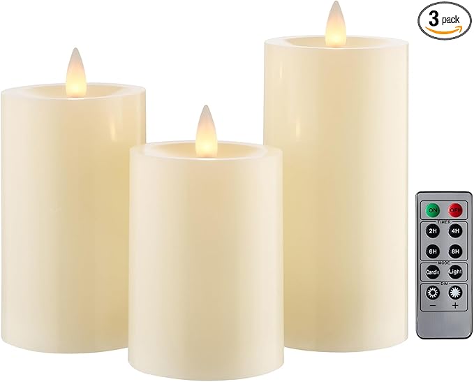 Flameless Pillar Candles Flickering with Remote Timer, Battery Operated LED Candles Up to 400 Hours, 3D Moving Flame Real Wax Candles, Set of 3, D3 x H4, 5", 6",Remote Included(Ivory)