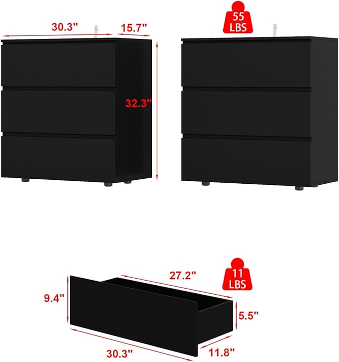 FAMAPY Modern Nightstand with 3 Drawers, Bedroom Storage Cabinet, Modern End Side Table, No Handle Design, for Living Room Black 30.3”W x 15.7”D x 32.3”H