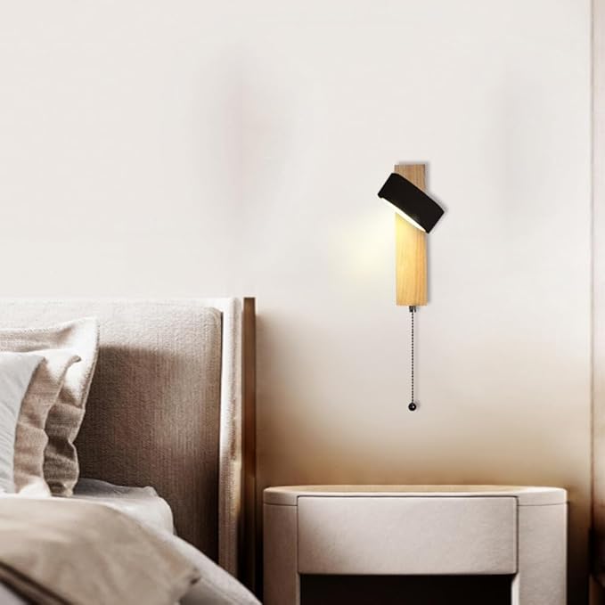 7W LED Black Travertine Wall Light, Wabi Sabi Style Wall Lamp, Natural Stone Wood Base Wall Sconce with Zipper Switch, Bedroom Living Room Balcony Wall Mounted Light Fixtures