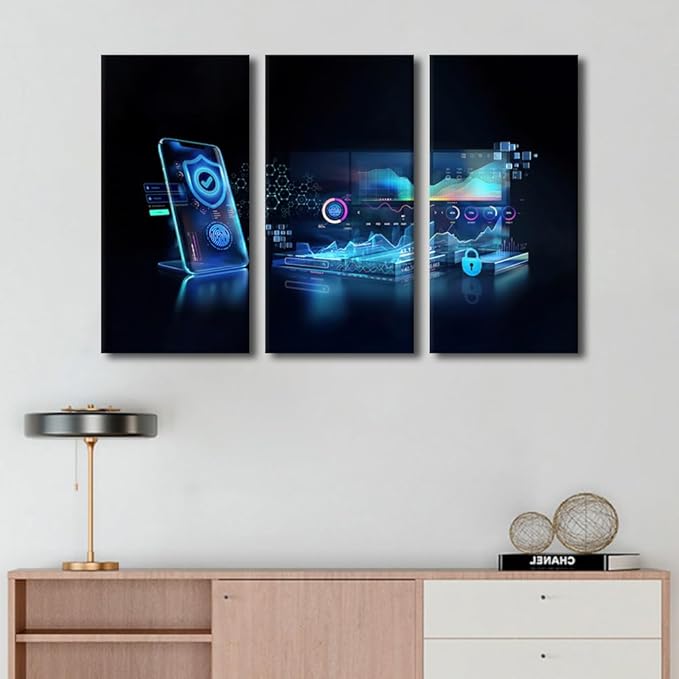 Wall Art for Living Room 3 Panel Network Transaction Security Pictures Print on Canvas Wall Art for Home Office Decorations, Stretched Framed Gallery-Wrapped Ready to Hang, 42" Wx28 H