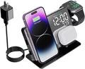 IHAO 4in1 Multifunctional Alarm Clock with Magnetic Wireless Charging15W Fast Charge for Qi Phone, Earbuds, iWatch LED Display as Mirror Show Temperature, USB Port, Smart Bedside Organizer-W669 Black