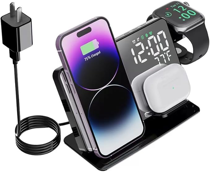 IHAO 4in1 Multifunctional Alarm Clock with Magnetic Wireless Charging15W Fast Charge for Qi Phone, Earbuds, iWatch LED Display as Mirror Show Temperature, USB Port, Smart Bedside Organizer-W669 Black