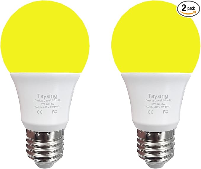 Taysing Dusk to Dawn Light Bulbs Auto On/Off 40 Watt Equivalent Smart Light Sensor LED Bulb Security Bulb Outdoor Night Light Bulb Garage Porch 5W 500lm E26 Amber Yellow 2 Pack