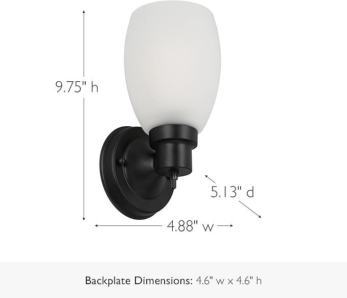 Design House Lydia Wall Sconce, 1 Light, Frosted Glass, Dimmable, Twist On/Off Switch, Matte Black, 4.88 in x 5.125 in x 9.75 in, 588814-BLK