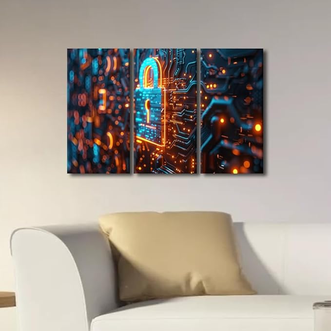 TUMOVO 3 Panels Wall Art AI Intelligence Canvas Prints Security Lock Symbol Paintings Modern Artwork for Home Walls AI Posters and Prints Giclee Gallery-wrapped Framed Ready to Hang, 36" Wx24 H