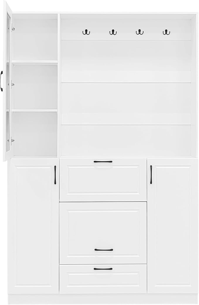 Merax Hall Tree with Foldable Bench and Shoe Storage, Entryway Coat Rack with Mirrored Cabinet Door, Hooks, Drawer, and Cabinets, Modern Hall Trees for Hallway, Living Room,White
