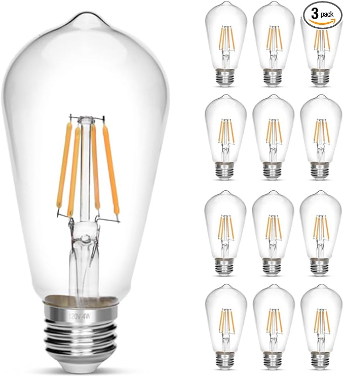 Vintage Edison Bulb 4W,Equivalent 40W Incandescent,ST18 Antique LED Filament Bulbs,Non Dimmable 2700K Warm White,E26 Led Bulb,Pack of 12