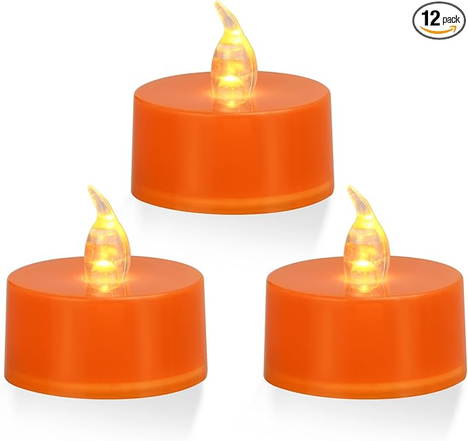 KOABY 12 Pack Warm Yellow Light Non-Flickering Flameless Tea Lights, Orange Base, Last 100H+, Battery Operated Tea Lights for Decor