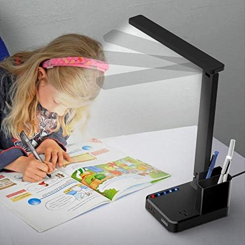 LED Desk Lamp with 3 USB Charging Ports 1 AC Outlet Small Table Lamp for Home Office/Bedroom/Study/College/Dorm Room Essentials, Foldable Reading Light w/Pen Holders for Craft/Artist/Puzzle/Nail/Task