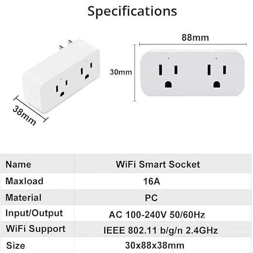 Ewelink 16A WiFi Dual Smart Outlet Plug with 2 Independent Control Sockets, App Control Timer Switch, 2-in-1 Compact Design, Compatible with Alexa,Google, SmartThings
