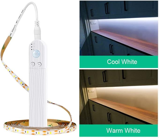 LED Under Cabinet LED Strip Motion Sensor, Battery Powered Bed Stairs Wardrobe Lamp Tape, Waterproof 5V LED Closet Smart Night Strip Light (3M, Cold White)