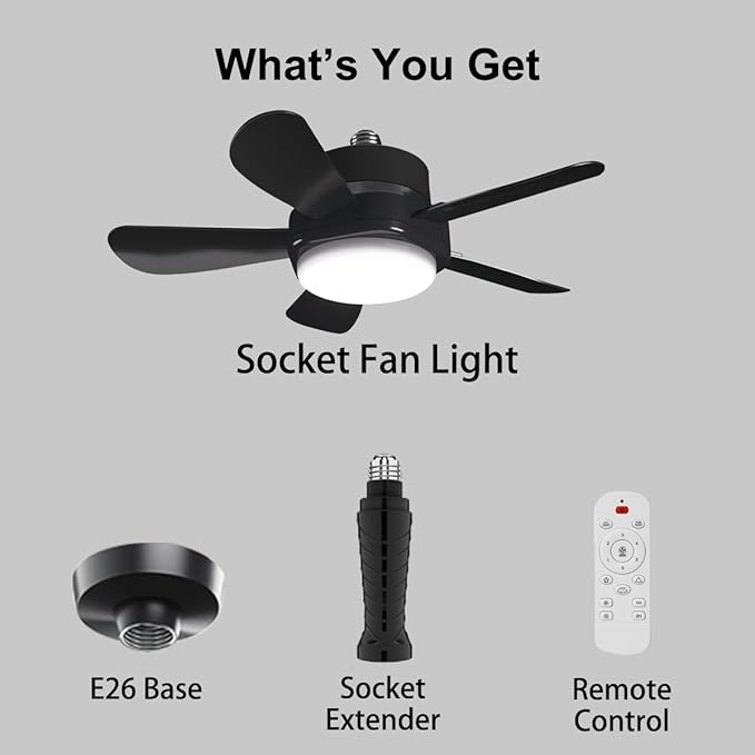 Ligency 16" Smart Socket Fan Light with Alexa - Screw-in Small Ceiling Fan with Remote, RGBW & 3000-6500K Dimmable, 6-Speed Reversible Quiet Motor, E26/E27 Base Fan for Bedroom, Garage, Black