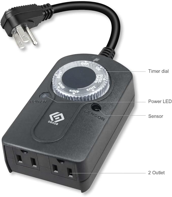 Outdoor 24-Hour Light Timer, Water Resistant, Photocell Dusk to Dawn Light Sensor 2/4/6/8 Countdown Timer, 14AWG Cord, Two Grounded Outlets for Home, Christmas Lights, Garden.15A, UL Listed.