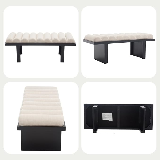 Modern Bedroom Bench, 47 Inch Upholstered End of Bed Bench Padded Entryway Bench with Cylindrical Cushion/Black Wood Legs, Wooden Ottoman Bench for Living Room, Hallway, Linen Beige