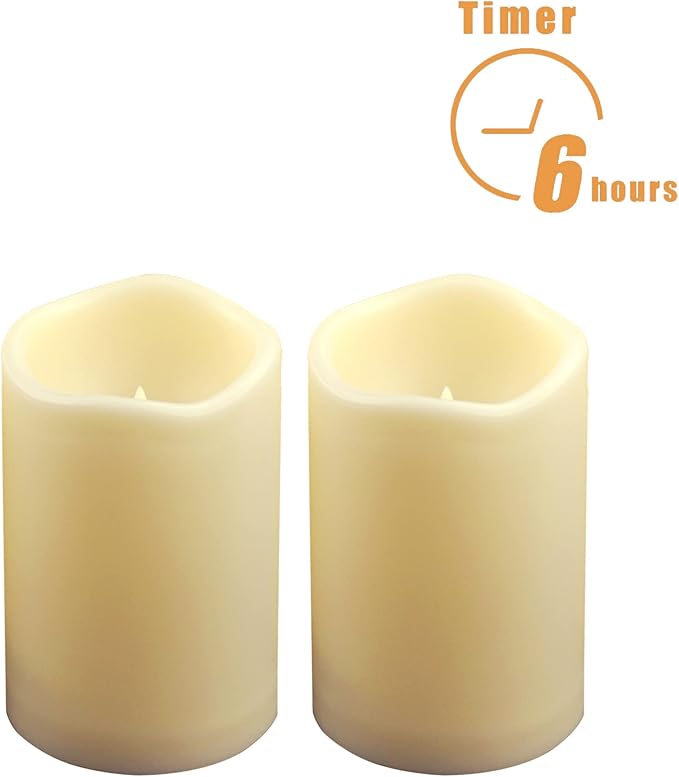Outdoor Battery Operated Flameless Candles with Timer, Realistic Flickering Plastic Fake Electric LED Pillar Lights Waved Edge for Home Garden Wedding Party Christmas Decor 3x5 Inches 2-Pack