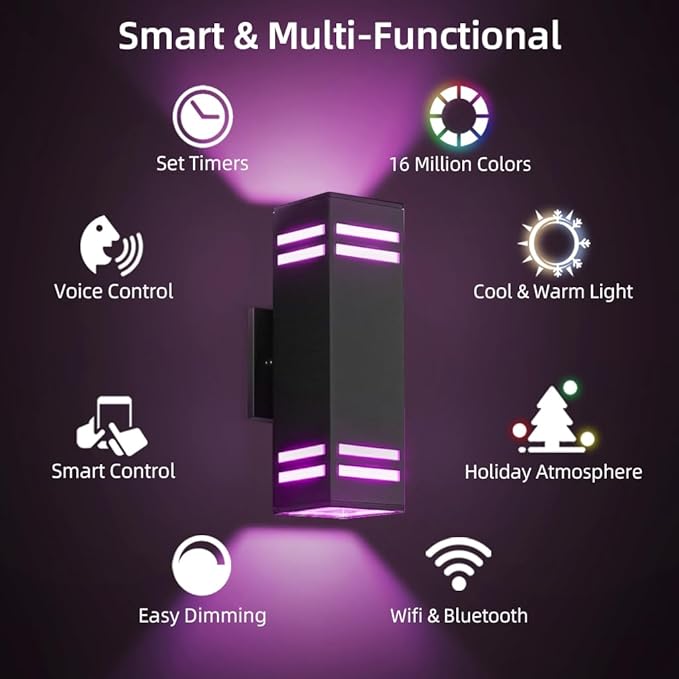 SHIMR Color Changing Outdoor Wall Lights 2 Pack, Ambiance Up and Down Lights Outdoor, Waterproof Square Smart Porch Lights WiFi APP Control Exterior Light Fixture Home Theater Lighting [ETL Listed]