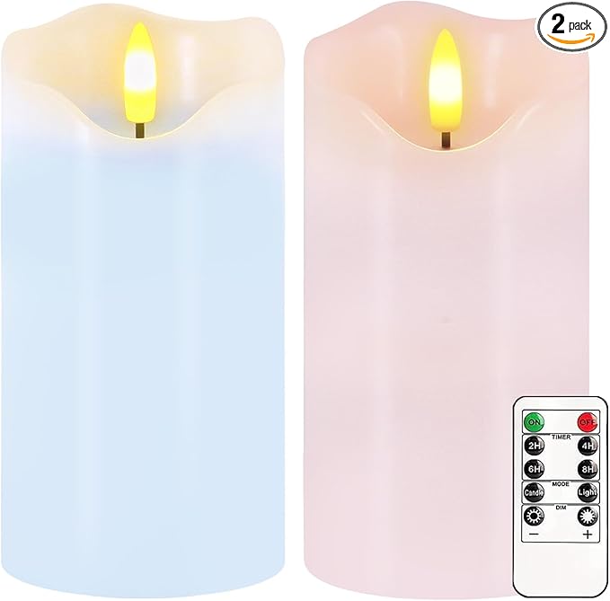 Flameless Candles Light, Set of 2 6"x3" Flickering Pastel Spring LED Candles with Remote & Timer, Dimmable Real Wax Easter Pillar Candles Battery Operated for Home Spring Easter Decor (Pink Blue)