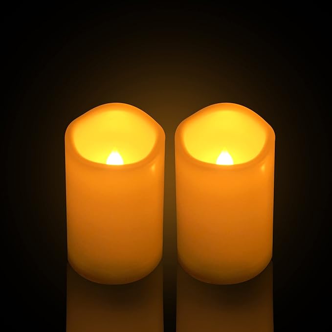 Outdoor Battery Operated Flameless Candles with Timer, Realistic Flickering Plastic Fake Electric LED Pillar Lights Waved Edge for Home Garden Wedding Party Christmas Decor 3x5 Inches 2-Pack