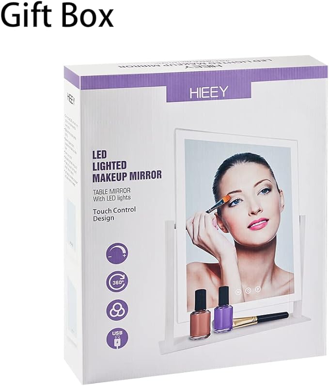 HIEEY Lighted Makeup Mirror, 17.3" x 13" Hollywood Vanity Mirror with Lights, Three Color Lighting Modes, and 5X Magnification Mirror, Smart Touch Control, 360°Rotation (White,Gift Box)