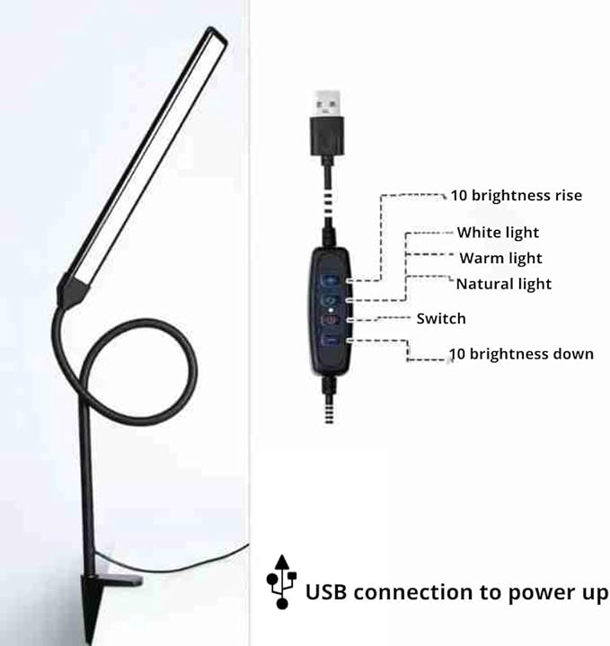 LED Desk lamp with Clamp, Eye Caring Clip,Desk Lamps for Home Office, Desk Light 3 Modes 10 Brightness, Long Flexible Gooseneck Led Lamp Office Lamp with USB Adapter