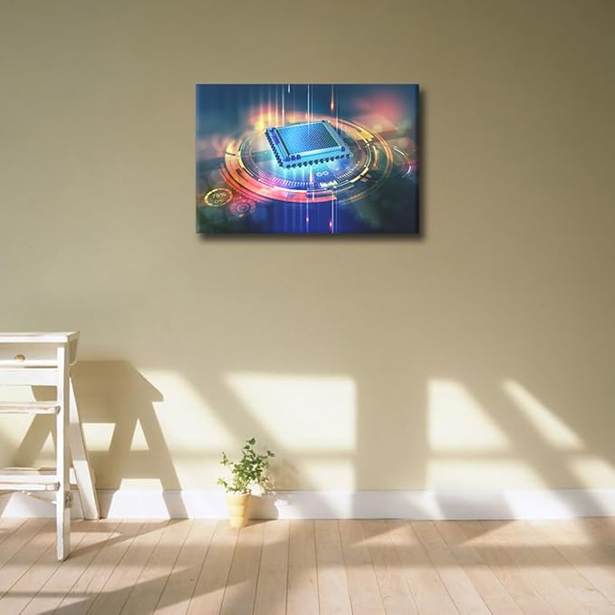 House Decorations Digital Cyber Space Wall Pictures for Living Room CPU Concept Canvas Wall Art Internet Concept Modern Wall Painting 1 Panel Prints Wall Art on Canvas Framed Ready to Hang, 18x12in