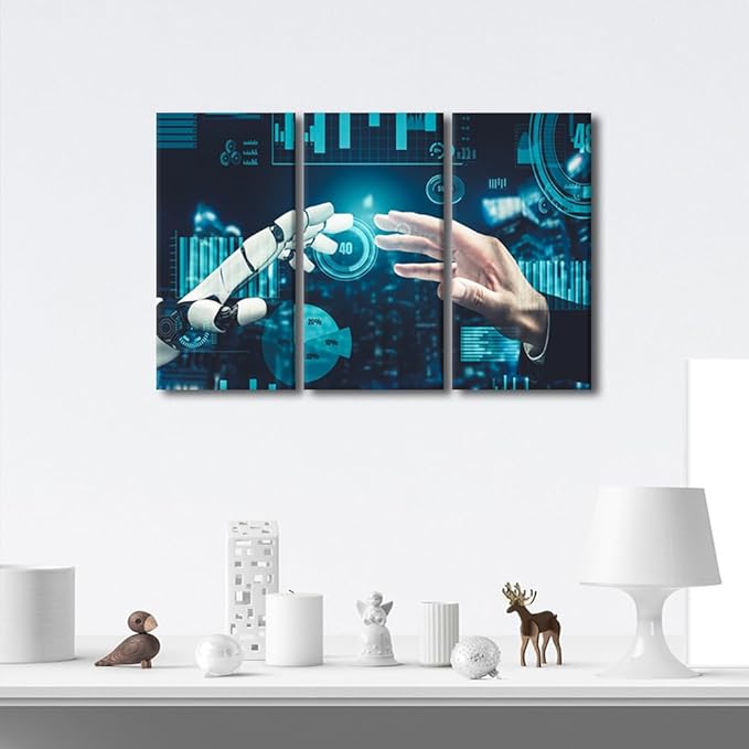 TUMOVO 3 Panels Wall Art AI Intelligence Canvas Prints Robot Paintings Modern Artwork for Home Walls AI Posters and Prints Giclee Gallery-wrapped Framed Ready to Hang, 36" Wx24 H