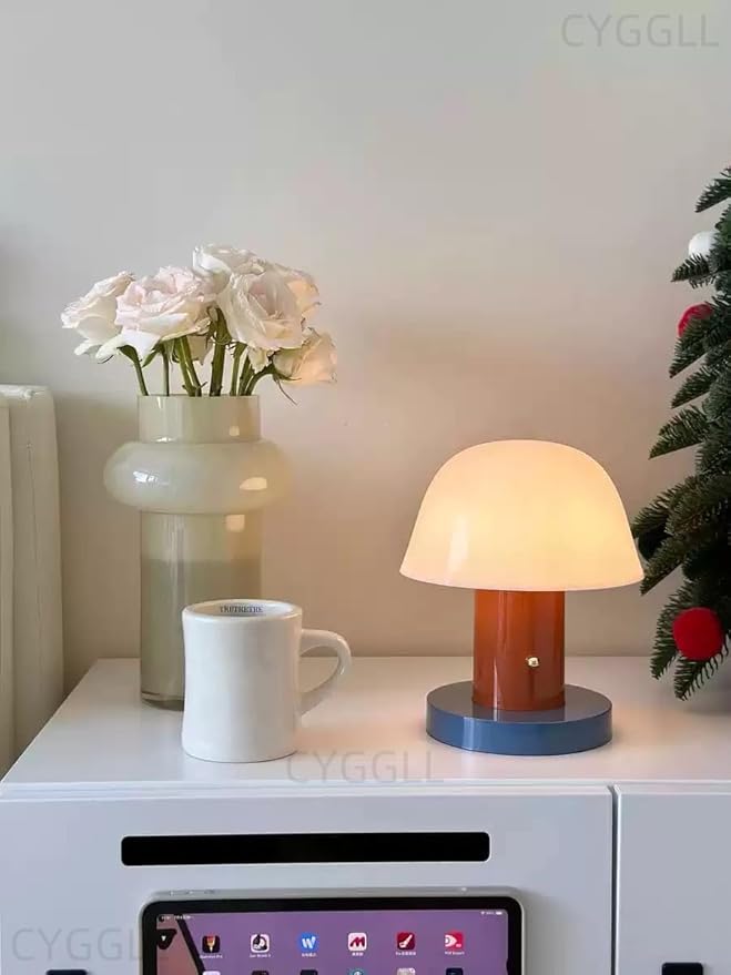 Mushroom Table Lamp Modern Dimmable Night Light Cordless Touch Rechargeable Desk Lamp Nordic Minimalist Retro Nightstand Bedside Lamps for Bedroom Living Room(Brown Red)