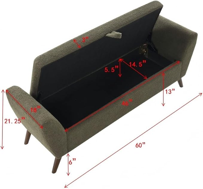 60'' Modern Upholstered Storage Ottoman Bench with Mid-Century Wood Legs, Entryway Bench with Hidden Storage for Living Room, Bedroom, and End of Bed, Comfort Padded Seat (B-Green)