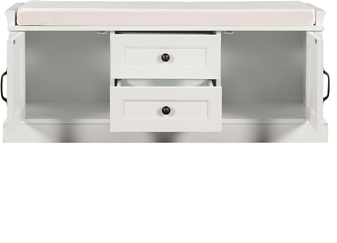 GDFStudio Rustic Storage Bench with 4 Doors 2 Draws Adjustable Shelves Removable Cushion Rectangular Cabinet Foot Rest Stool Solid Wood Shoe Bench Seating for Entryway Living Room, White