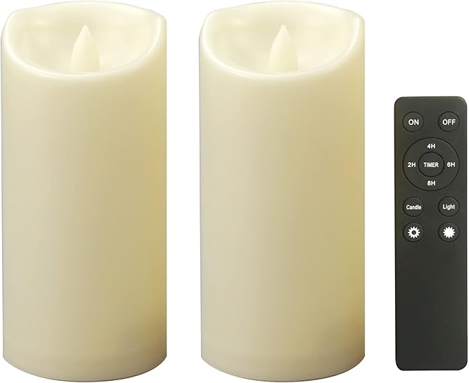 CANDLE CHOICE Outdoor Battery-Operated Flameless Candles with Remote Timer Waterproof Flickering Plastic Electric LED Pillar Lights for Lantern Patio Garden Wedding Halloween Christmas 3”x7” 2 Pack
