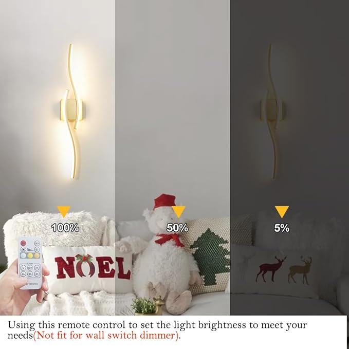 Modern Gold Wall Light Fixture Set of 2, RC Dimmable LED Wall Light Indoor, LED Wall Decor for Hallway Bedroom Living Room, Hardwired Wall Sconce with Remote Control, 27.56" in, Timer, Memory