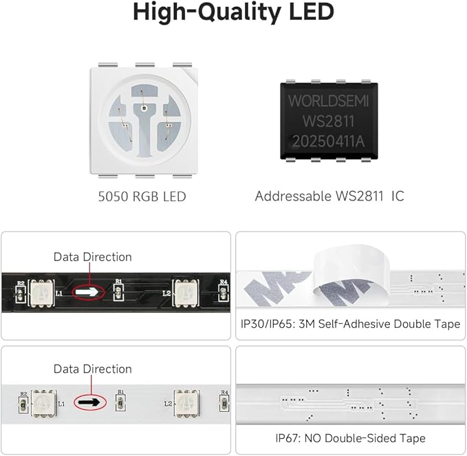 BTF-LIGHTING UL Listed WS2811 IC=RGB+IC Addressable Color RGB LED Strip,16.4FT 30LED/m 10Pixels/m,IP67 Black PCB Flexible DC12V Chasing Effect for Indoor Home Decor(No Adapter or Controller)