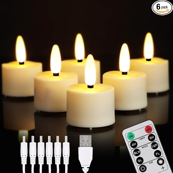 LED Rechargeable Tea Lights Candles with Remote, 6 pcs Battery Operated Tealights with Flickering Flame, USB Charging Cable, Timer Votive Candles for Wedding Decor Christmas Party