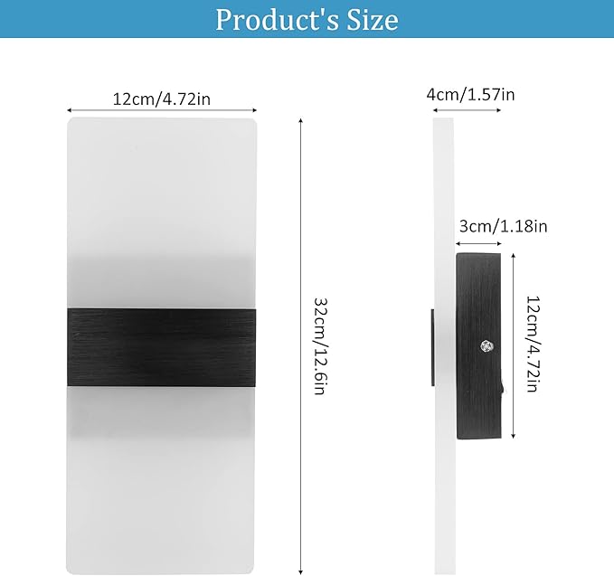 Lightess Modern Wall Sconce Dimmable Sconce Wall Lighting 12W Black Indoor Wall Lamp Acrylic Wall Mounted Lighting Fixture for Bedroom Living Room Hallway, Cool White