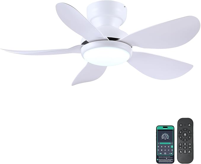 36 Inch Modern Ceiling Fans with Lights, Small Flush Mount Ceiling Fans, Remote/APP Control, 5 Reversible Curved Blades, 6 Speeds, 3 CCT Dimmable Lights for Kitchen Bedroom, White