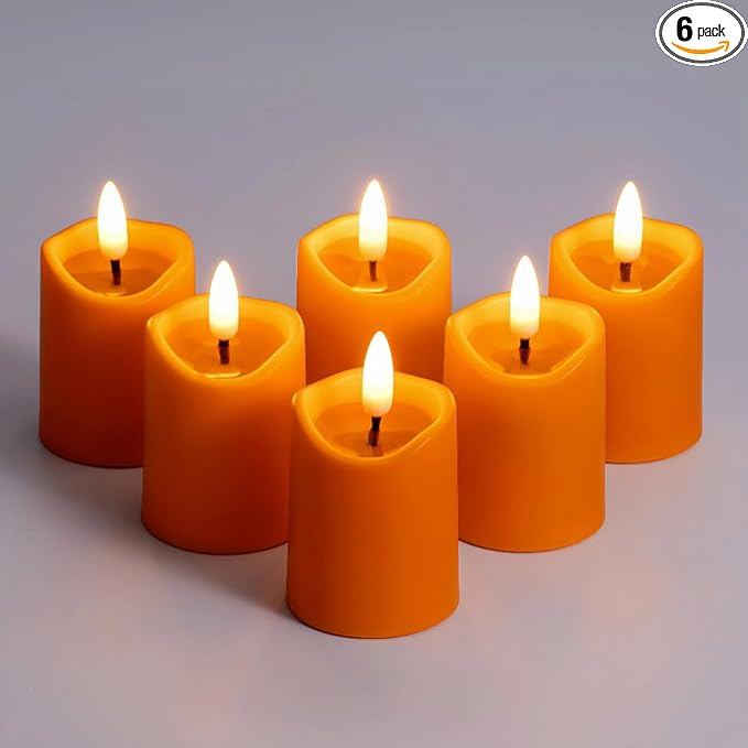 Simplelight Orange Halloween Flameless Votive Candles with Timer, Realistic Black Wick Fall Candles Battery Operated, Battery Included, D 1.8” X H 3.1”, Set of 6 for Pumpkin Decoration (Orange)