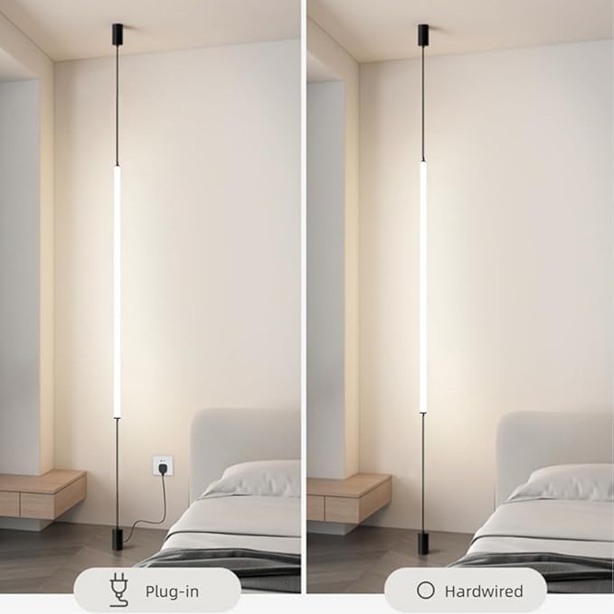Modern Linear Pendant Floor to Ceiling Lamp Minimalist LED Pendant Lights Long Strip Black Hanging Lamp for Bedroom Bedside Living Room Corner - 39.3" Plug in