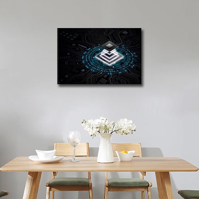 TUMOVO Internet Concept Wall Art CPU Pictures Print On Canvas Digital Age Modern Artwork Wall Art for Living Room Office Giclee Gallery Wrapped Posters and Prints Framed Ready to Hang, 24x16in