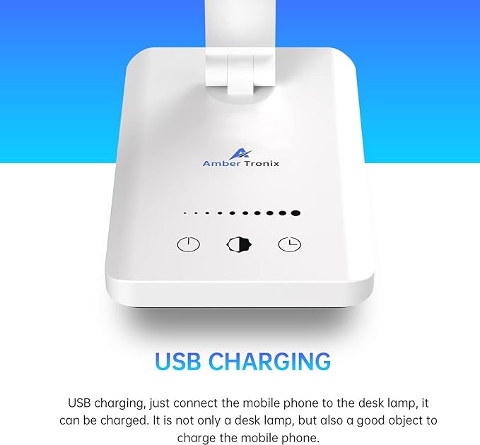 Ambertronix LED Desk Lamp with USB Charging Port, Dimmable Eye-Caring Reading Desk Light for Home, with 5 Brightness Level & 3 Lighting Modes, Touch Control, Auto Timer (White)