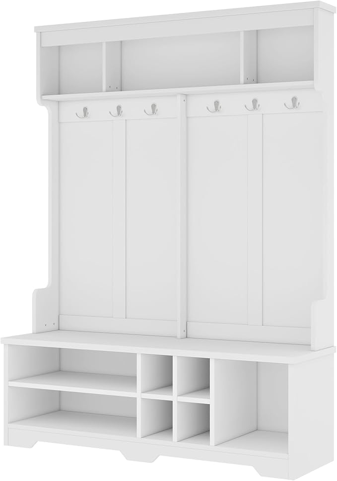 Modern Entryway 3-Tier Hall Tree, Coat Rack with Shoe Storage, Bench Seat, 6 Metal Hooks and Open Shelves, for Organized Homes (White)