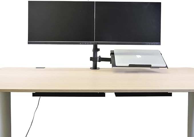 AEONS Dual Monitor and Laptop Desk Mount Combo Stand with Notebook Tray fits 17 inch, 3-in-1 Adjustable Triple Arm Mount fits 27 inch LCD Screen with VESA, Clamp and Cable Management, Black