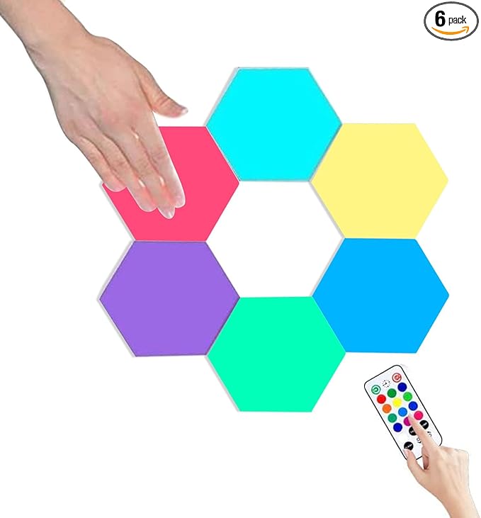 Creative Remote Control Hexagonal Wall Lights Smart Touch-Sensitive LED Honeycomb Night Lights DIY Modular Assembled Splicing Modern Wall Lamps Home Decor (6 Pack)