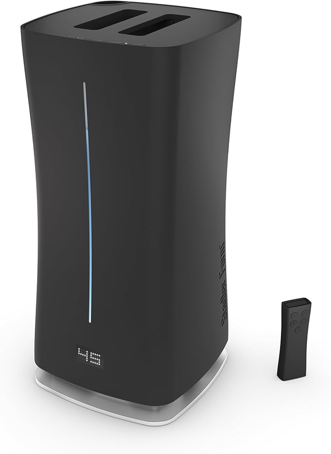 Stadler Form’s Eva humidifier with WiFi, external humidity sensor, automatic mode, for rooms of up to 860 sq ft, ultrasonic nebuliser, dimmable LEDs, suitable for fragrant oil, black